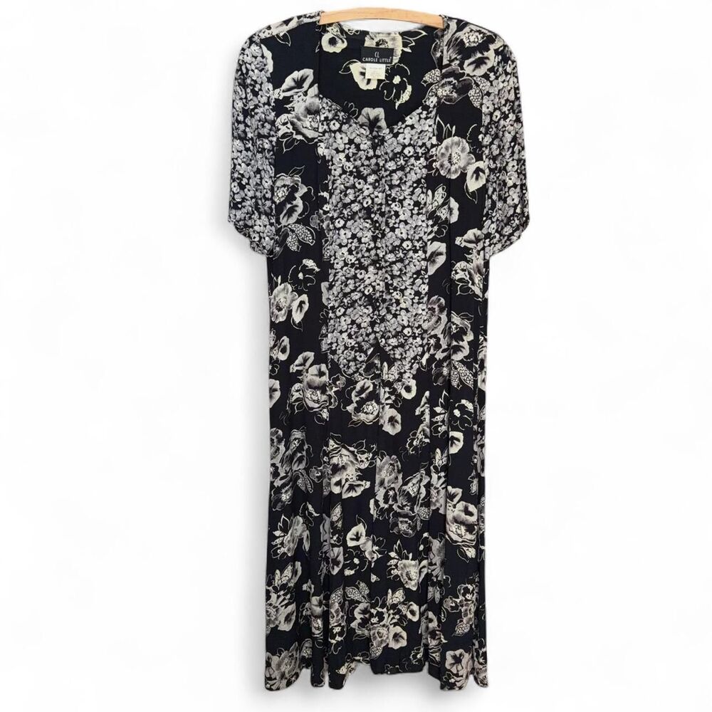 Vintage 90s Carole Little black Mixed Floral Midi Dress size 14